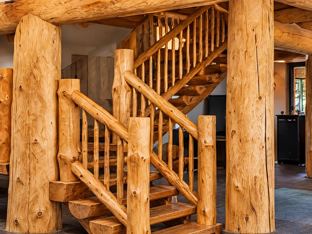 Bild: Naturstammhaus Blockhausprojekt Beispiel 3 rustikale Innentreppe